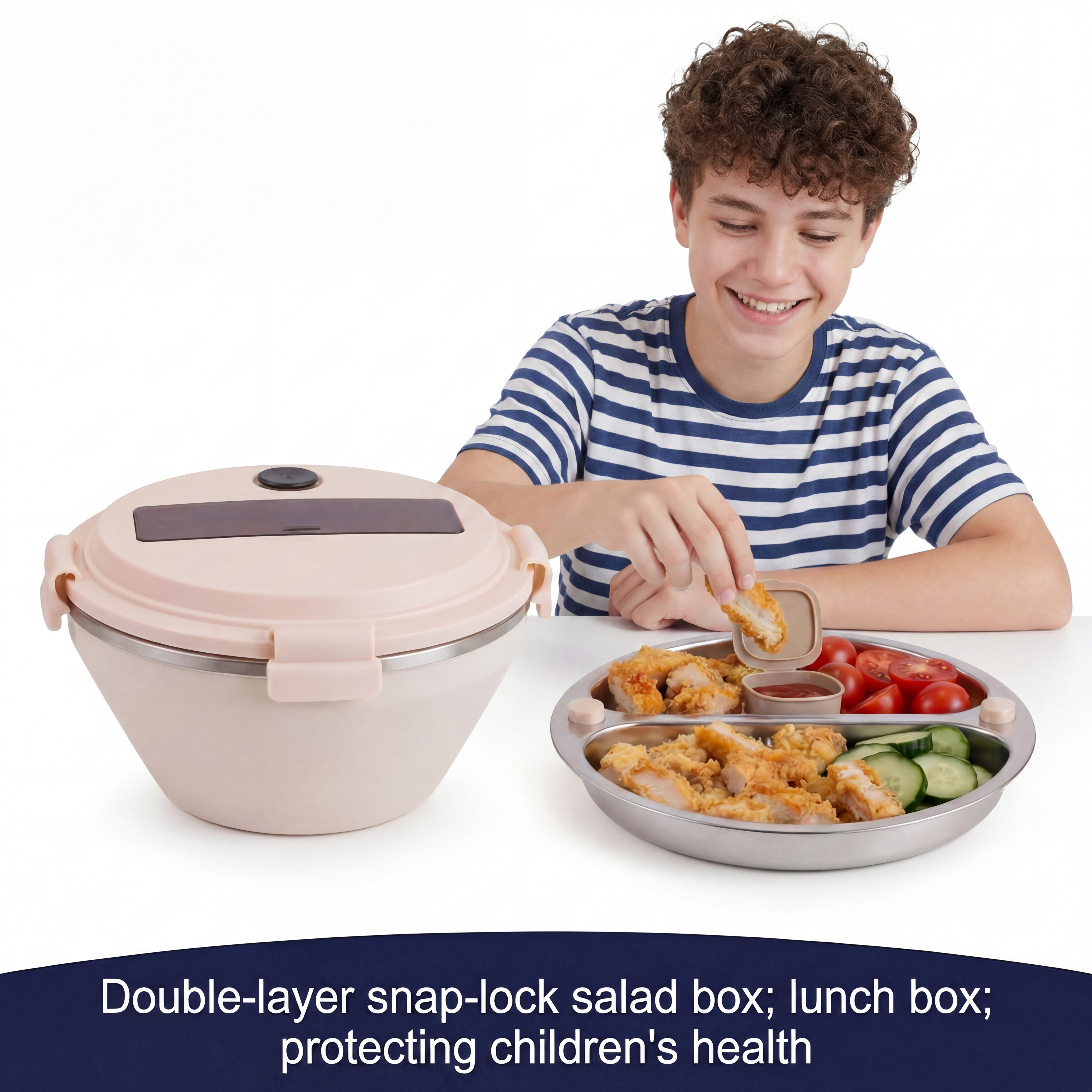 Kids Insulated Bento Salad Box – 304 Stainless Steel, 2-Layer Lunch Container with Compartments, Spoon & Thermal Bag