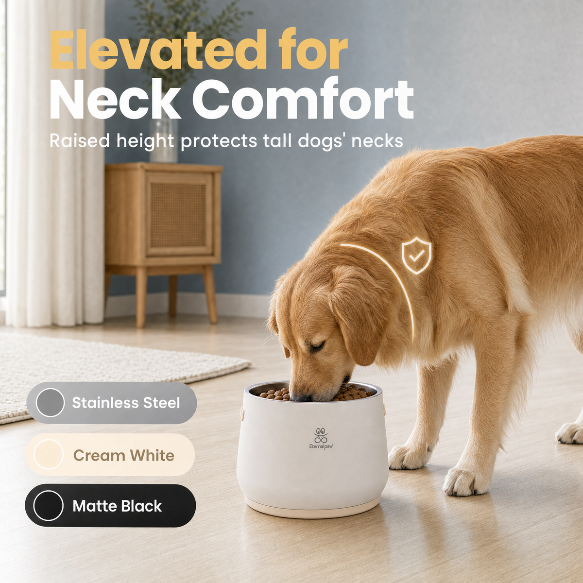 Dog using elevated Eternalpaw pet bowl indoors