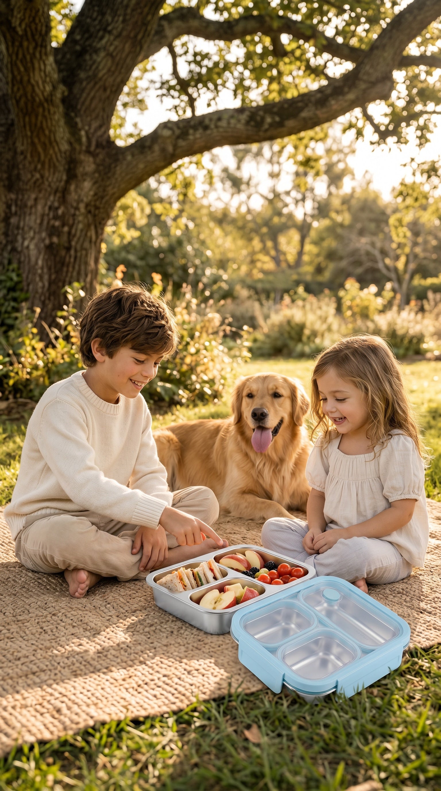 Siblings sharing a 316L stainless steel bento box outdoors