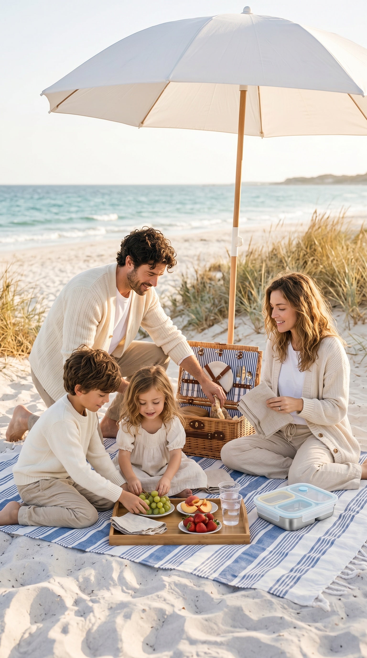 Beach picnic table with family lunchware