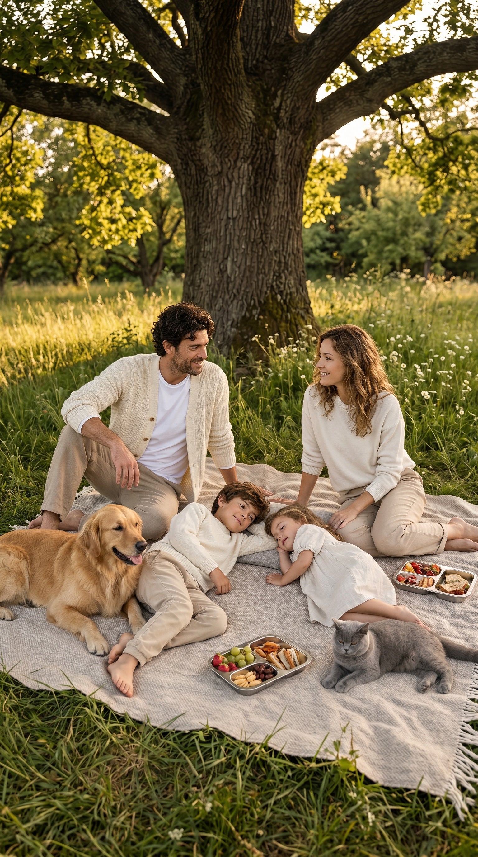 Family picnic in a garden with Eternalpaw essentials